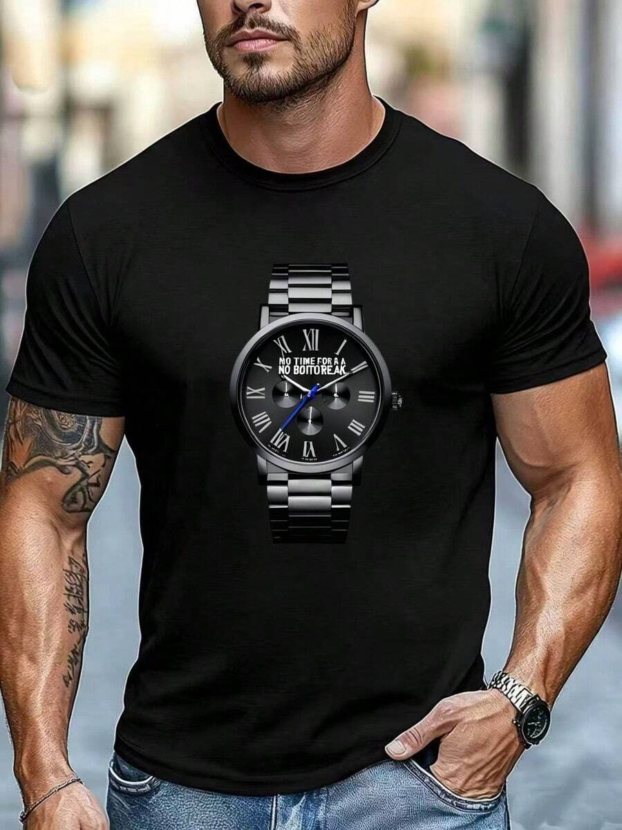 Men's T-Shirt Watch Graphic "No Time For A No Boitreak" Casual Crew Neck Short Sleeve Streetwear - Black - View 1