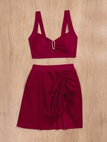jeederkim New Summer Women Metal Decor Bikini Top, Matching Sheer Mini Skirt, Perfect For Beach Wear Vacation - Burgundy - View 8