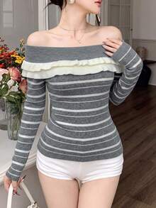 2026 Sexy Double Layer Ruffle Off-Shoulder Striped Knit Top, Gray And White Horizontal Stripes Ribbed Slim Fit Long Sleeve Sweater, Double Layer Frill Collar, Spring/Autumn Date Night Hot Girl, High Elastic Fine Knit 18-35 Women's Slimming Knit Base Layer - Grey - View 5