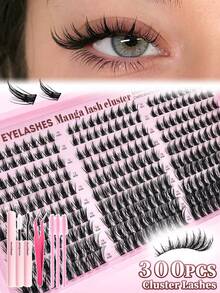 Eimny 300pcs Cartoon Eyelash Cluster Set, Includes Adhesive, Sealer, Tweezers And Lash Brush, Lightweight Airy Fluffy Feel, D Curl 10-16mm Single Cluster False Eyelashes, DIY Cat Eye/Doll Eye, Suitable For Beginners, Daily Party Anime Style Lash Extensions - 彩色 - 查看 2