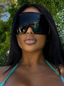 1 buah Kacamata Fashion Gaya Cyberpunk Techno Futuristik Ukuran Besar, Unik untuk Wanita - Hitam - View 2