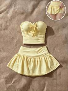 Top corto sin tirantes de color amarillo sexy con detalle de lazo con cordón, minifalda con volantes, conjunto de 2 piezas de vestir casual de verano elegante - Amarillo - Ver 4
