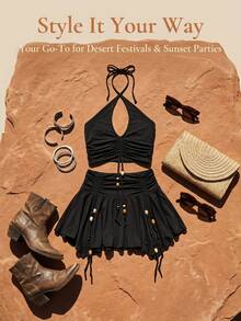 Conjunto de dos piezas de top sexy con cuello halter, espalda descubierta y falda negra con cordón ajustable de color liso para mujer, estilo western - Negro - Ver 4