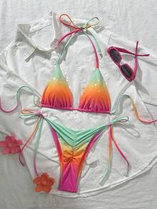 两件套渐变彩色挂脖比基尼套装，水钻纹理系带设计，时尚性感，适合海滩、泳池、夏季度假。 - 橘綠色 - 查看 5