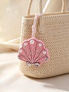 1pc Bohemian Style Handmade Beaded Non-Woven Fabric Faux Pearl Scallop Shell Bag Charm Pendant, Suitable For Women's Daily Casual Beach Vacation Wear, Graduation Season Gift, Handmade Shape May Vary Slightly - Pink - View 2