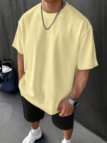Minimal Daily Wear Tee, Oversized Quick Dry 180g Cotton, Breathable Crew Neck Office Top For Men - 淺黃色 - 查看 12