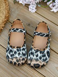 Girls' Leopard Print Patchwork Mary Jane Shoes, Vintage Round Toe Hook And Loop Strap Rhinestone Decor Slip-On Princess Shoes, Versatile - Beige - View 5