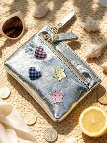 Cute Women Zipper Coin Purse,Y2k Heart Star Decorations,Double Zipper PU Wallet,Portable Key Card, Lipstick Holder,Daily Change Pouch,For Women Girl - Multicolor - View 4