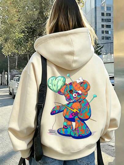 Women's Plus Size Thin Hooded Sweatshirt Long Sleeve, Colorful Bear & Letter Print Casual Plus Size Fashion Hooded Sweatshirt, Comfortable Women's Autumn/Winter Daily Wear Clothing, Suitable For Daily Outings, Parties, School, Music Festivals, Vacations And Commuting. Can Be Given As A Gift To Family, Boyfriend, Girlfriend, Friends, It Is The Ideal Outfit For Girls In Autumn/Winter.