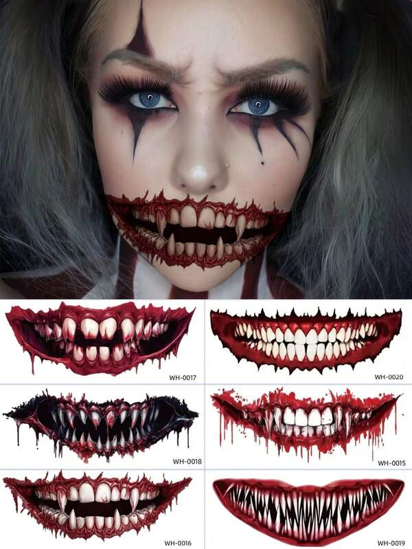 6 Sheets Halloween Big Mouth Tattoos Stickers, Waterproof Scary Vampire Zombie Clown Face Tattoo, For Adult Halloween Makeup Prank Costume Cosplay Decorations
