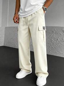 Men's Fashion Cargo Pants, Multi-Pocket Straight Leg Elastic Waist Loose Fit Solid Color Single Side Embroidered Logo Training Sports Cargo Long Pants, Non-Stretch Fabric - Beige - View 7