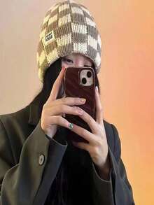 1pc Women's Autumn/Winter Warm Colorblock Checkerboard Knit Beanie, Oversized Fashionable Knitted Hat - Beanie - View 4