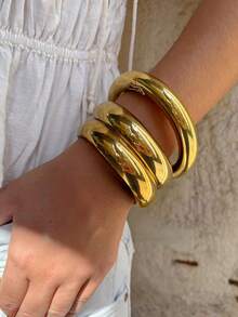 6pcs/3pcs Fashion Elegant Exaggerated Old Money Style Vintage Heavy-Duty CCB Elastic Bamboo Knot Asymmetrical Beaded Bracelet Stackable Metal Glossy Plain Bangle Set Small Medium Large Minimalist Personalized High-End Y2K Chunky Bracelet Suitable For Women Summer Beach Vacation Party Date Gathering Gift Daily Wear Versatile Jewelry - Yellow Gold - View 5