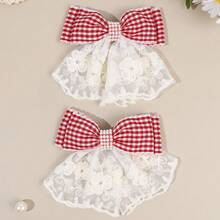 2件組紅色格紋蕾絲蝴蝶結髮夾，珍珠簇花薄紗裝飾，甜美柔美女孩婚禮與日常髮飾 - 彩色 - 查看 9