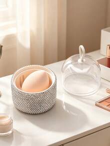 1pc Exquisite Rhinestone Dust-Proof Packaging Box Set Super Soft Makeup Sponge Egg, Highly Attractive Makeup Sponge Storage Box Portable Set For Travel And Outings, Delicate Makeup Tool Non-Absorbent Super Soft Sponge Cushion Powder Puff Dry And Wet Dual-Use Makeup Sponge (Exquisite Box + Makeup Sponge) - Silver - View 4
