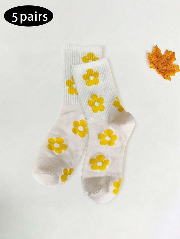 1/3/5/6雙女款字母與花卉中筒襪，高彈性筒襪，舒適街頭風學生運動襪 - 彩色 - 查看 11