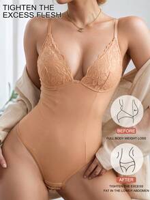 1pc Seamless Lace Deep V-Neck Shaping Bra, Effective Body Shaper Suitable For Weddings And Parties - Apricot - View 2