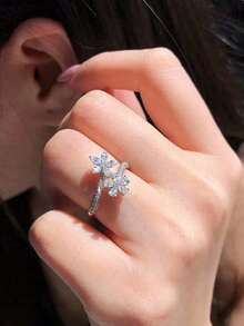 1pc Fashionable Luxury High-End Minimalist Versatile Open Ring With Artificial Zirconia Flower Design, Suitable For Women's Daily Wear - Silver - View 4