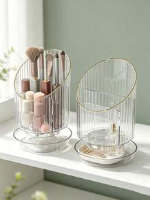 1pc/7pcs Rotating Transparent Striped Makeup Brush Holder, Gold Rim Divided Makeup Organizer, Multi-Compartment Vanity Storage Bin, Suitable For Lipstick, Eyeliner And Makeup Sponges, Fashionable Desktop Organizer For Daily Makeup Accessories - Multicolor - View 4