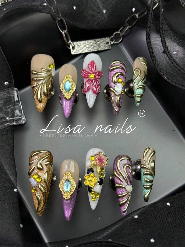 10pcs Handmade Full Coverage Pointed Press-On Nails, Gradient Gold Purple Mint Glitter Base, 3D Handmade Carved Red Floral Inlay, Luxury Vintage Baroque Fake Nails, Removable And Reusable, Suitable For Party, Dancing, Daily Wear, Includes Jelly Glue And Nail File