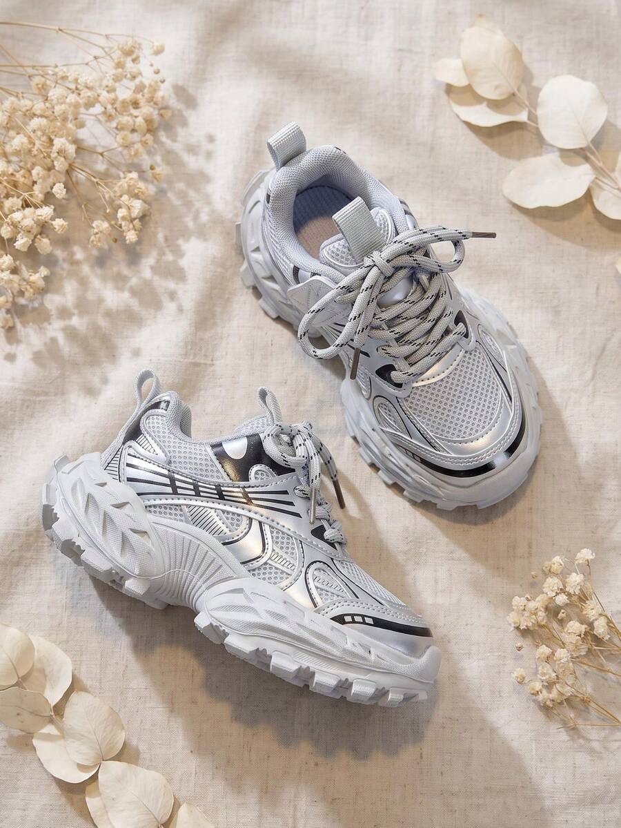 1 Pair 2026 New Kids' Chunky Sneakers, Metallic Texture Patchwork Design, Cool Casual Style, Suitable For Children's Outings And Daily Wear - Grey - View 1