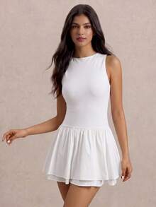 PARTHEA Women Casual Sleeveless Round Neck Mini Dress, Open Back Layered Ruffle Flared Short Dress, White - White - View 4