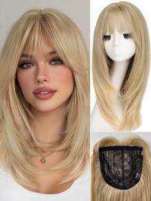 20-Inch Synthetic Comb-Style Fringe Wig, Suitable For People With Sparse Hair; Featuring Long-Layered Straight Hair Style, With The Hair Color Changing From Brown To Gold; Specially Designed For Women For Use At Halloween And Christmas Parties. - Multicolor - View 13