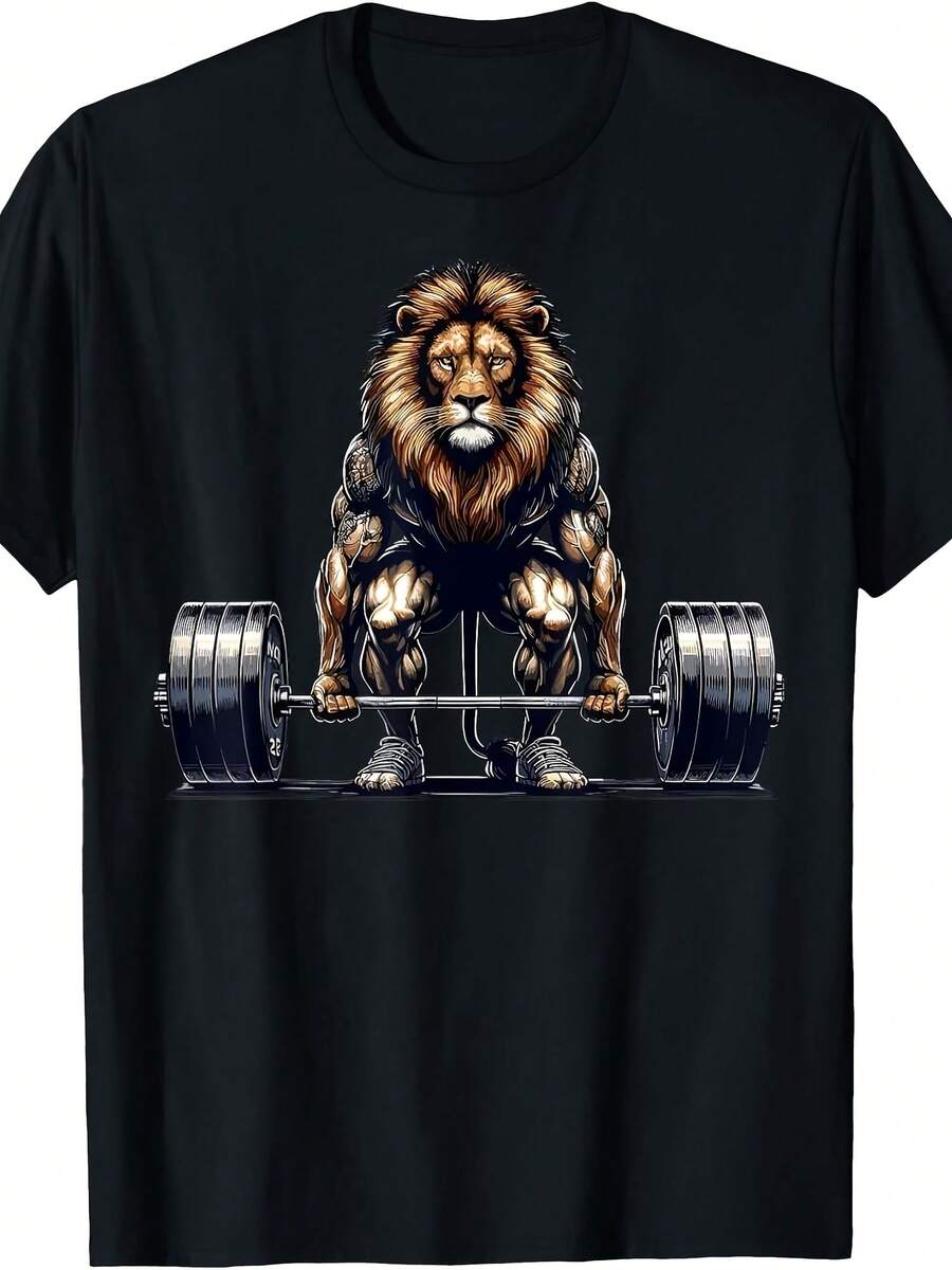 Lion Deadlifting Gym Humour Weightlifting Fitness Workout T-Shirt - 黑色 - 查看 1