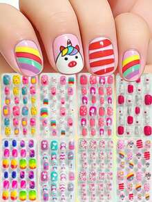 (192pcs, 8 Boxes) Children's Acrylic Full Coverage Glitter Cute Spring/Summer Pineapple, Unicorn, Penguin, Flamingo, Rainbow, Heart Short Press-On Nail Set - Multicolor - View 1