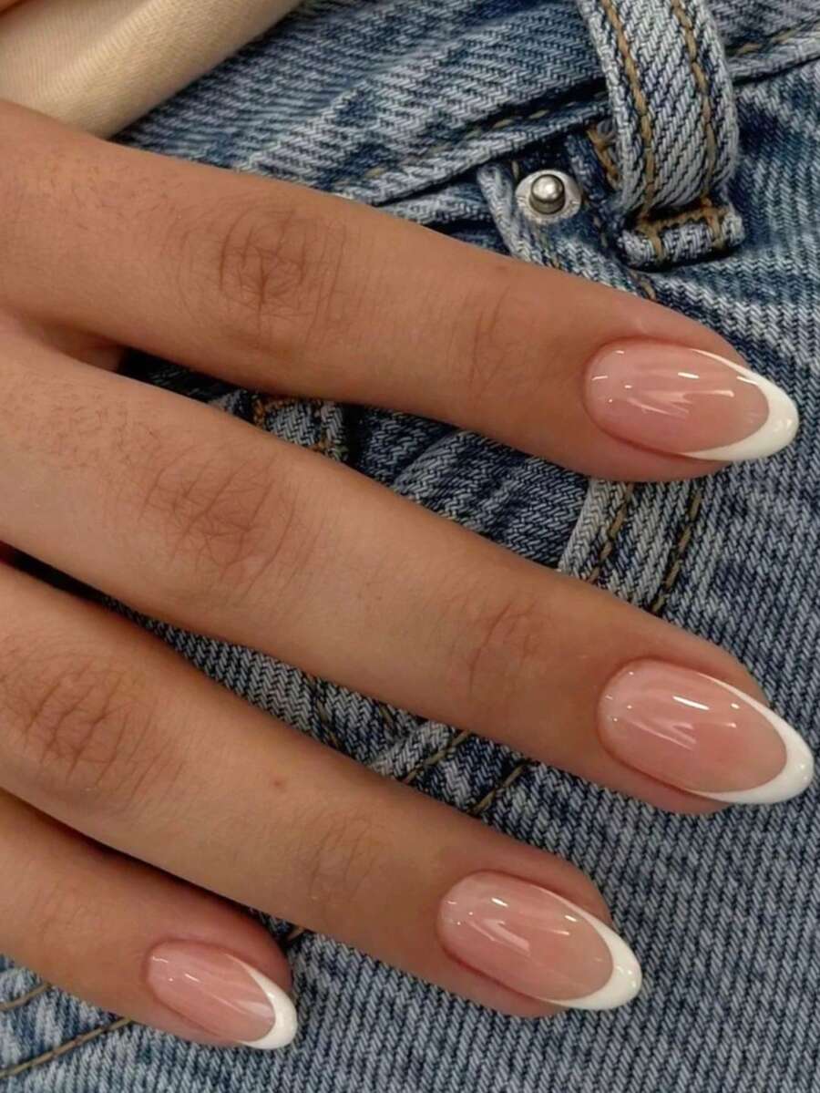 24 piezas de puntas de uñas francesas con degradado de crema en forma de almendra larga, set de uñas acrílicas falsas, incluye 1 pieza de pegamento de gelatina y 1 pieza de lima de uñas
