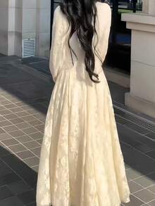 秋季女款優雅時尚波浪蕾絲中長洋裝，復古休閒飄逸A字長袖派對禮服，適合畢業典禮、生日、舞會、晚宴、浪漫婚禮賓客穿著，時尚返校穿搭 - 杏色 - 查看 9