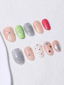 10pcs/Set Handmade Short Oval Press-On Nails, Y2K Style Hand-Painted Silver Rhinestone Line Spiral Floral Pattern Colorful Stars Polka Dots Silver Foil, Includes 1pc Jelly Glue And 1pc Nail File, Suitable For Daily And Party Nail Art - Multicolor - View 4