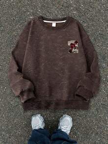 Vintage Streetwear Boy's Sweatshirt, Torn Newspaper & Red Rose Front And Back Print, Washed Style, Autumn/Winter Campus Top - Brown - View 2