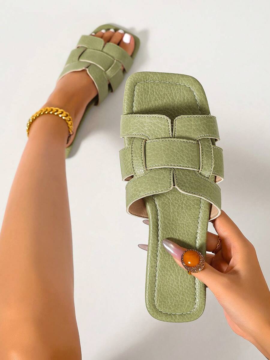 Ximi Ruo Spring/Summer New Women's Fashion Casual Slide Sandals, Comfortable Flat Low-Heel Round Toe Minimalist Outdoor Beach Slippers, Versatile Decorative Flat Sandals For Women - Lime Green - View 1