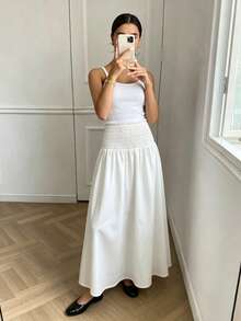 New Autumn Pure White Shirred High Waist A-Line Ankle Length Maxi Skirt, Loose Flowy Full Skirt, Suitable For Daily Street Wear And Comfortable Commuting - White - View 3