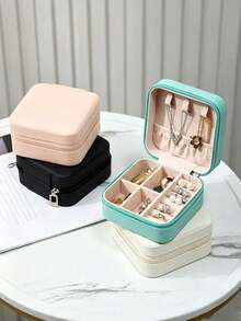 1pc Blue Mini Zipper Jewelry Storage Box, Portable Travel Jewelry Organizer, Compartment Anti-Oxidation Ring Earring Necklace Storage Small Box - Baby Blue - View 1