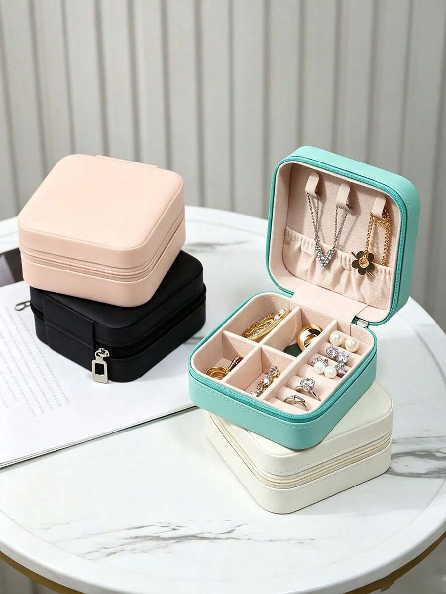 1pc Blue Mini Zipper Jewelry Storage Box, Portable Travel Jewelry Organizer, Compartment Anti-Oxidation Ring Earring Necklace Storage Small Box - Baby Blue - View 1