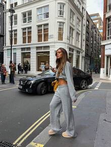 FOR BEAUTY Women's 2 Pieces Set Autumn/Winter Y2K Fashion Grey Round Neck Knit Top + Wide Leg Pants Loungewear Set Loose Sweater Airport Travel Outfit - White Ash - View 7