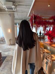 FOR BEAUTY Women's Y2K Comfortable Oatmeal Beige Round Neck Asymmetric Draped Knit Shawl Cape Sweater Top, Aesthetic Street Style Outfit Fall - Apricot - View 6