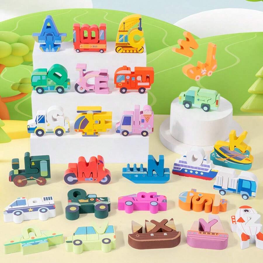 Mainan Puzzle Balok Kayu 3D Besar untuk Anak-Anak, Mobil Transportasi, Hewan, Dinosaurus, Huruf, Mainan Edukasi Pendidikan Dini