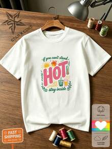 Hot Summer Mood Bold Lettering & Drinks, Fun Summer Style, Organic Cotton Short Sleeve Tee, Women - 白色 - 查看 2