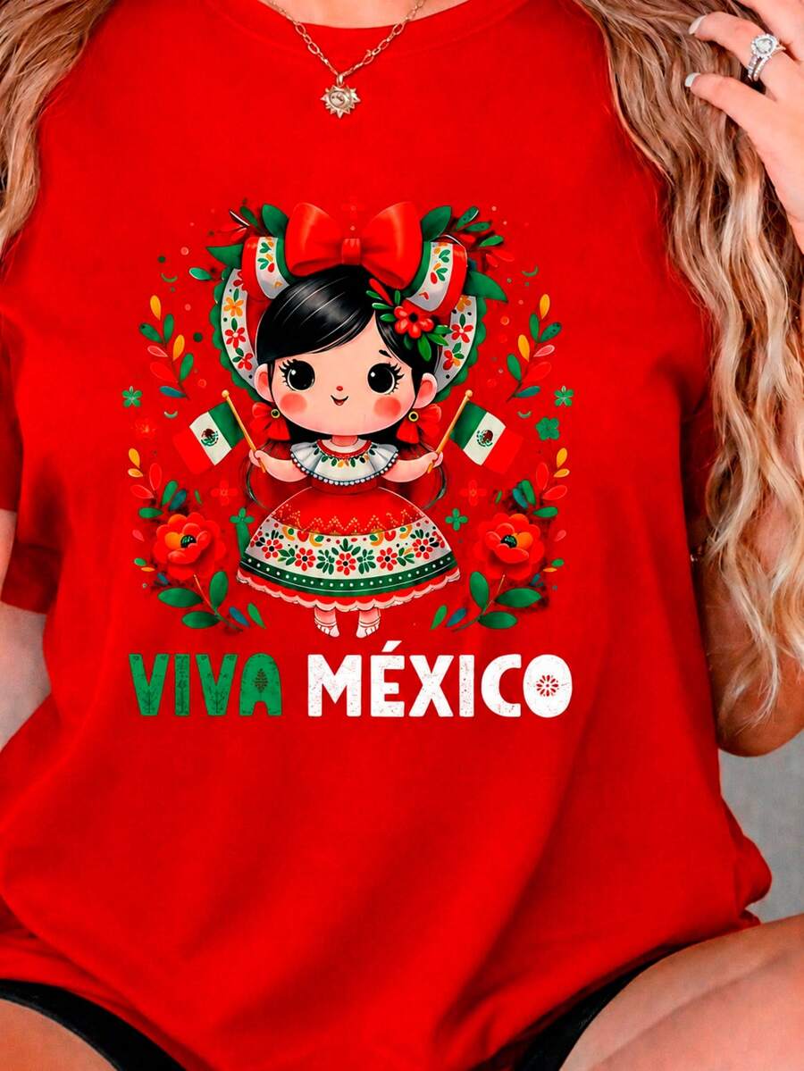 Playera estampada con diseño de muñeca mexicana y texto Viva México, diseño moderno, colorido, patrio, mexicano, ideal para celebraciones patrias, ideal para toda la familia. - Rojo - Ver 1