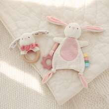 2pcs Cute Rabbit Baby Soothing Toy Set, Soft Plush Rabbit Comfort Blanket And Wooden Ring Rabbit Rattle, Baby Sensory Soothing Toys, Perfect Gift For Newborn Baptism - Multicolor - View 4