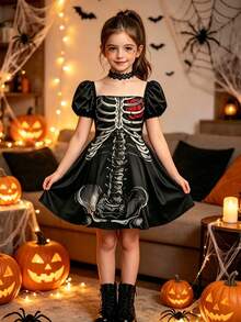 XUMPLO Girls' Dark Style Square Neck Petal Sleeve 3D Print Rose & Skull Dress For Halloween, Day Of The Dead, Party - Multicolor - View 2
