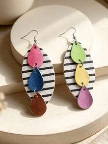 1 Pair European & American Style Geometric Patchwork Earrings For Women, Color Block Striped Round Disc Pendant Earrings, Personalized Exaggerated Versatile Jewelry - Handmade Earrings - View 1