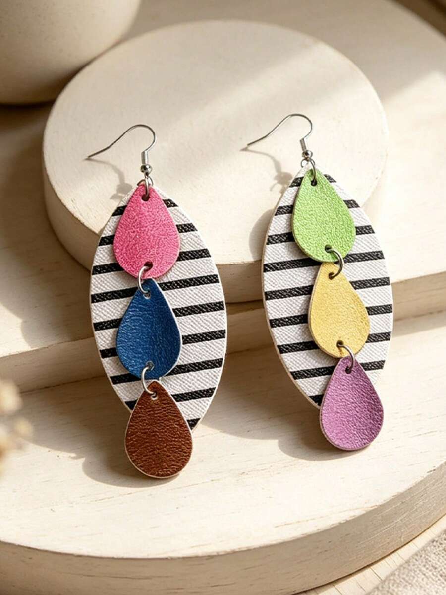 1 Pair European & American Style Geometric Patchwork Earrings For Women, Color Block Striped Round Disc Pendant Earrings, Personalized Exaggerated Versatile Jewelry - Handmade Earrings - View 1