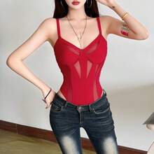Top Dazzle Solid Color Sexy V-Neck Mesh Patchwork Bodysuit, Slim Fit - Red - View 3