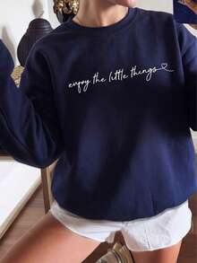Women's Autumn/Winter New Minimalist No-Print Casual Fashion Versatile Crew Neck Sweatshirt - Navy Blue - View 1