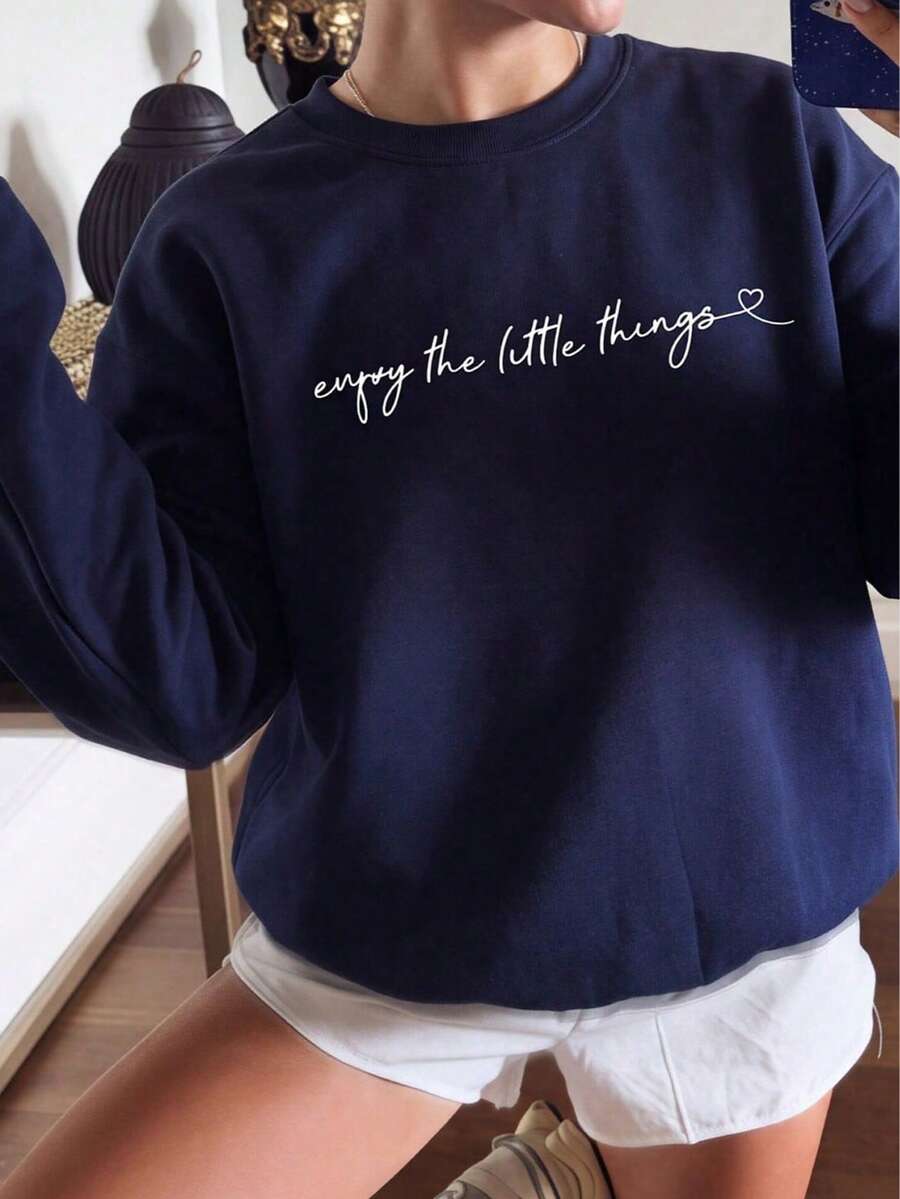 Women's Autumn/Winter New Minimalist No-Print Casual Fashion Versatile Crew Neck Sweatshirt - Navy Blue - View 1