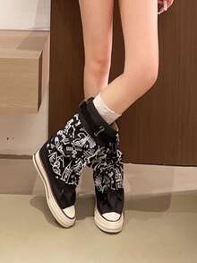 Fall/Winter Women's Round Toe Thick Sole Flat Ankle Boots, Casual Canvas Ankle Boots For Spring & Autumn, Boots For Women Sports Lace-Up Buckle Home - Black - View 5